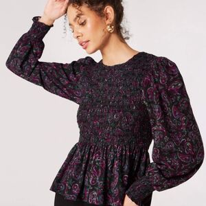 NWT Apricot Paisley Smocked Puff Sleeve Peplum Top 12 Whimsygoth Boho Romantic